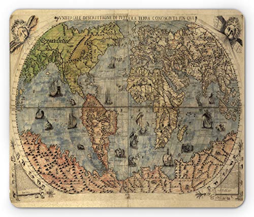 Lunarable Antikes Mauspad, Weltkarte Global History Buntes Papier Ozeane Lands Vintage Atlas, rechteckiges, rutschfestes Gummi-Mauspad, Standardgröße, Cremegrün von Lunarable