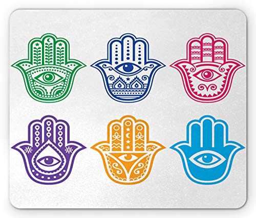 Lunarable Hamsa Mauspad, Evil Eye Thema Hamsa Muster Power Sign Print, Rechteckiges rutschfestes Gummi-Mauspad, Standardgröße, Blau Rosa von Lunarable