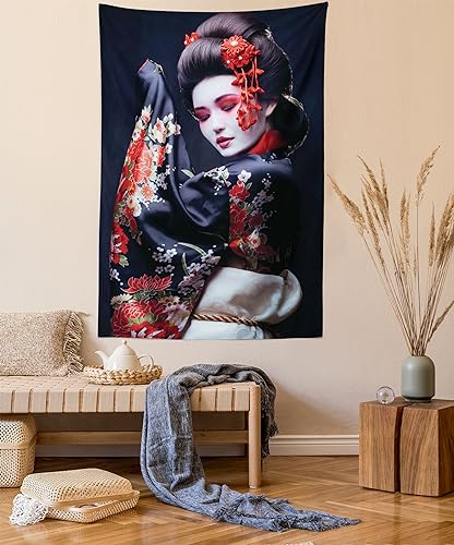 Lunarable Japanischer Wandteppich, junge Geisha, Kimono mit Sakura, traditionelles orientalisches Kostüm, Wandbehang, Dekor für Schlafzimmer, Wohnzimmer, 76.2 x 114.3 cm, Schwarz / cremefarben von Lunarable