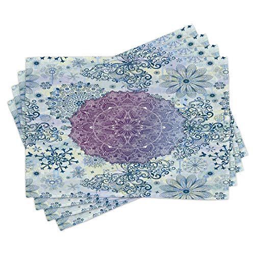 Lunarable Mandala Platzsets 4er Set Floral Mandala Oriental Fernost Style Layout Print in Ombre Farben, Waschbare Stoff Platzsets für Esstisch, Standardgröße, Lila Blau von Lunarable