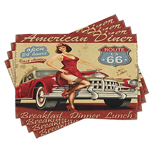 Lunarable Route 66 Platzsets 4er Set, American Diner Werbung Poster mit Mädchen und Automobil Nostalgische Kunst, waschbare Stoff-Tischsets für Esszimmer Küche Tischdekor, Senf und Rot von Lunarable