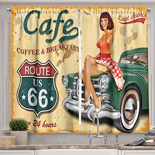 Lunarable Route 66 lange Küchenvorhänge, Café Diner Schild Vintage Lady Sitting on a Car Highway Nostalgic Grunge Thema, 139.7x114.3 cm, Grün Gelb von Lunarable