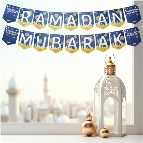 Lunarae Ramadan Girlande in Gold & Blau I Elegantes Doppel Ramadan Deko Banner mit "RAMADAN MUBARAK" Schriftzug I 2x3m, Buchstaben I Ramadan Dekoration Set Wohnzimmer I ديكور عيد مبارك von Lunarae