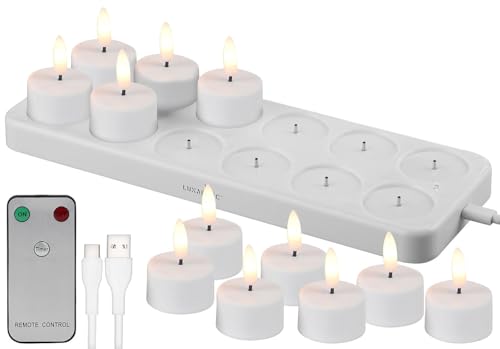 Lunartec Teelichtkerzen: 12er-Set LED-Akku-Teelichter mit USB-Ladestation, Fernbedienung, Timer (Kerzen, LED Kerze) von Lunartec