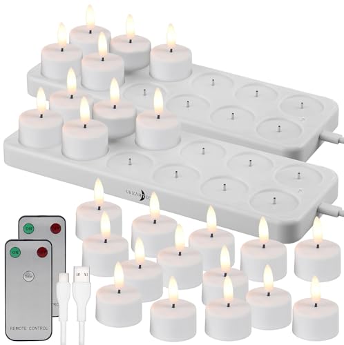Lunartec LED Kerze: 24er-Set LED-Akku-Teelichter mit USB-Ladestation, Fernbedienung, Timer von Lunartec