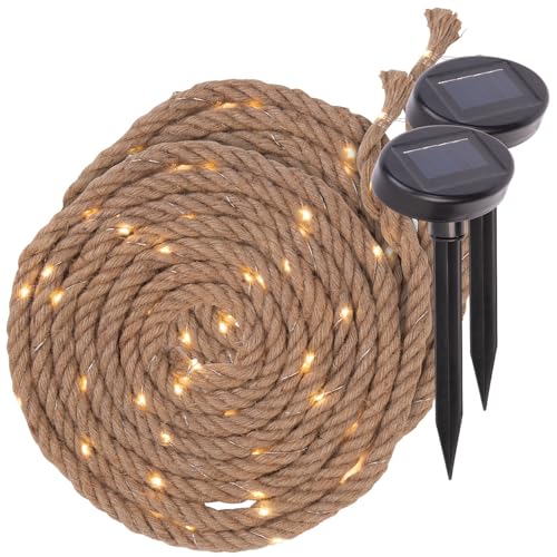 Lunartec Juteseil Lichterkette: 2er-Set Solar-Seil-Lichterkette aus Naturfasern, 60 eingearbeitete LED (Solar außen warmweiß, Solarbetriebene, Lichtschlauch) von Lunartec