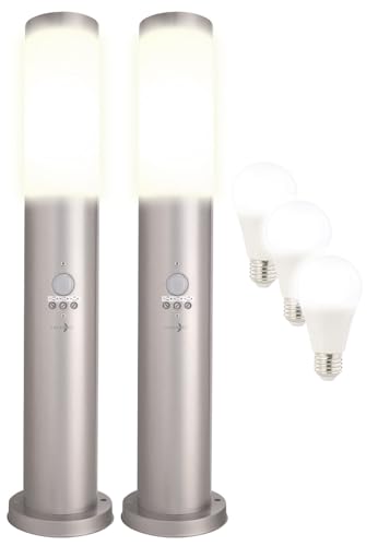 Lunartec Gartenleuchte E27: 2er-Set Standleuchte Bewegungssensor, IP44, inkl. 3 E27 LED-Lampen (Wegeleuchte Edelstahl, Gartenlampe mit Sensor) von Lunartec