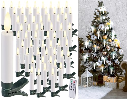 Lunartec Lichterkette kabellos: 60er-Set LED-Weihnachtsbaumkerzen mit täuschend echter Flamme, weiß (Weihnachtsbaumkerzen kabellos, LED Kerzen Weihnachtsbaum, Kabellose Lampen) von Lunartec