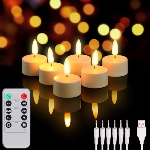 Lunartec LED Teelichter aufladbar: 6er-Set Akku-LED-Teelichter mit realistischer Flamme und Fernbedienung (Kerze, wiederaufladbare, Flammenlose Kerzen) von Lunartec
