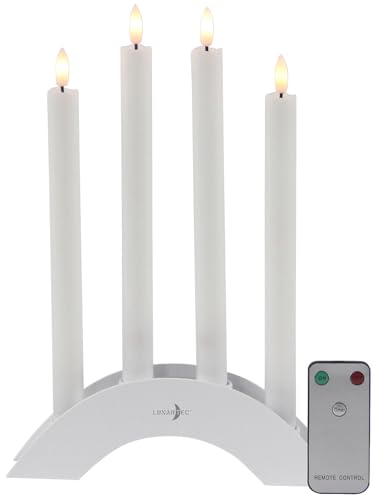 Lunartec Kerzenbögen: 4 Akku-LED-Stabkerzen mit Dochten, Bogen-Ladestation, Timer, weiß (LED Kerzen mit Kerzenhalter) von Lunartec