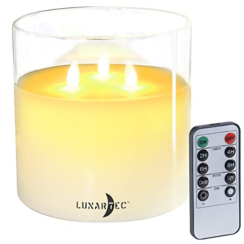 Lunartec LED Echtwachskerzen: LED-Echtwachs-Kerze im Windglas, 3 bewegliche Flammen, Fernbedienung (3-Dochtkerzen, Kerzen mit Ausschalt-Timer, Weihnachten) von Lunartec