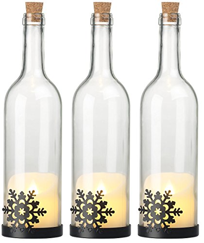 Lunartec LED-Bottle-Lights: 3er-Set Deko-Glasflasche, LED-Kerze & bewegliche Flamme, Schneeflocke (Dekobeleuchtungen, Leuchtflaschen, Tischleuchte Batterie) von Lunartec