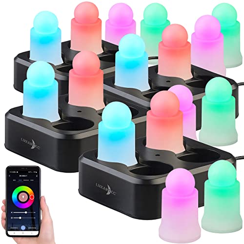 Lunartec LED-Kerzen mit Ladegerät: 16er-Set wetterfeste LED-RGBWW-Kerzen mit Akku und Ladeschale, App (Outdoorkerzen, Kerzen-Set mit Ladestation, Echtwachskerzen) von Lunartec