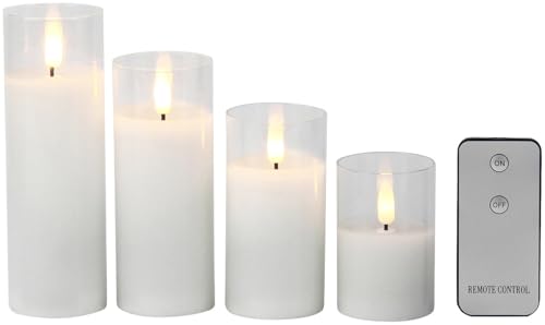 Lunartec Echtwachs-Kerzen: 4er-Set LED-Echtwachskerzen im Glas, mit Docht und Fernbedienung, weiß (Kerzen im Glas Sets, Kaminkerzen, Flammenlose) von Lunartec