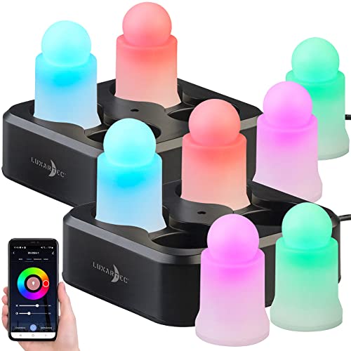 Lunartec LED-Kerzen Ladestaion: 8er-Set wetterfeste LED-RGBWW-Kerzen mit Akku und Ladeschale, App (Aufladbare LED Kerzen-Sets, Elektrische Kerzen mit Ladestation, Echtwachskerzen) von Lunartec