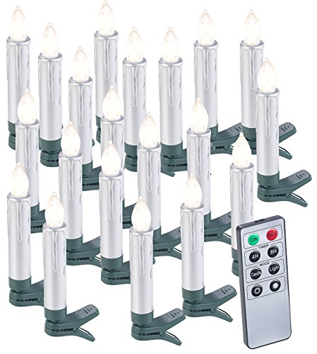 Lunartec LED Kerzen kabellos: 20er-Set LED-Weihnachtsbaumkerzen mit Fernbedienung und Timer, Silber (Lichter Kerzen kabellos, Tannenbaum, Weihnachtsmann) von Lunartec