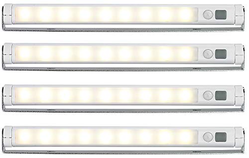 Lunartec LED Lichtleiste Batterie: 4er-Set Schwenkbare Lichtleisten, PIR-Sensor, 9 SMD-LEDs, warmweiß (LED Lichtleiste batteriebetrieben, Lichtleiste Küche Batterie, Lichterkette kabellos) von Lunartec