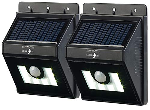 Lunartec Solar Lampe aussen: 2er-Set Solar-LED-Wandleuchten mit Bewegungsmelder, Dimm-Funktion (Wandbeleuchtungen, Wandlichter außen, Dachrinnenleuchten Nachtlicht) von Lunartec