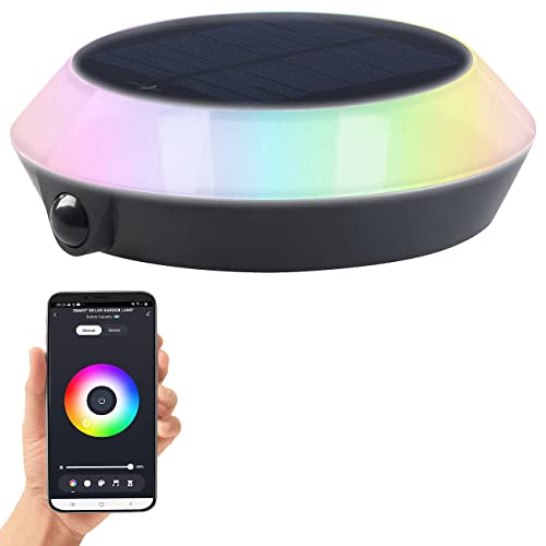 Lunartec Solar Wandlampen: Smarte Solar-Outdoor-Leuchte, RGB-CCT-LEDs, PIR, Bluetooth, App, 90 lm (Smarte Solarleuchten, Solar Lichter mit Bewegungsmelder, LED Dachrinnenleuchten Nachtlicht) von Lunartec