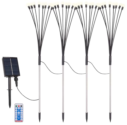 Lunartec Solarleuchte Garten Set: 4er-Set Solar-Glühwürmchen-Gartenlichter, 32 LEDs, 8 Modi, 65cm, Timer (LED-Solarleuchte Gartendeko, Solarleuchten Garten Erdspieß, Beleuchtung) von Lunartec