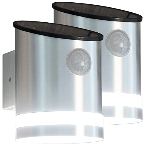 Lunartec LED Außenleuchte: 2er-Set Solar-LED-Wandleuchten mit Bewegungssensor, Edelstahl, 50 lm (Solarleuchten aussen, LED-Solar-Außenleuchte, Außenlampe mit Bewegungsmelder) von Lunartec