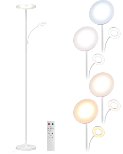 Lunartec LED Stehleuchte: LED-Stehlampe mit Leselampe, Fernbedienung, 2.800 lm, dimmbar, weiß (Stehlampe modern, Wohnzimmer dimmbar, Deckenleuchte) von Lunartec