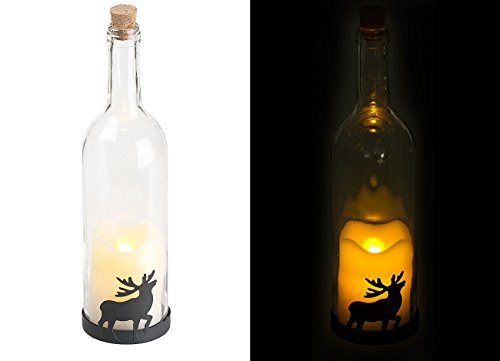 Lunartec Flaschendeko mit Licht: Deko-Glasflasche mit LED-Kerze, bewegliche Flamme, Timer, Elch-Motiv (Glasflasche mit LED Licht, Dekoflaschen LED, Tischleuchte Batterie) von Lunartec