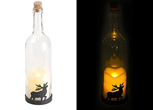Lunartec Flaschendeko mit Licht: Deko-Glasflasche mit LED-Kerze, bewegliche Flamme, Timer, Elch-Motiv (Glasflasche mit LED Licht, Flaschenlicht mit Timer, Tischleuchte Batterie) von Lunartec
