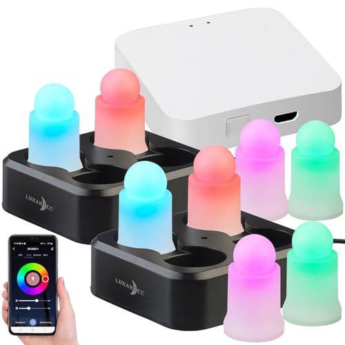 Lunartec LED Stimmungslichter: 8er-Set wetterfeste LED-RGBWW-Kerzen mit Akku, Ladeschale, Gateway (Farbwechselkerze, WLAN-Kerze, Tablet Halter) von Lunartec