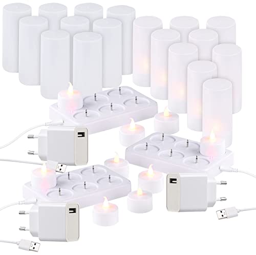 Lunartec Akku Teelicht-Kerzen: 3er-Set, je 6 LED-Akku-Teelichter, flackernde Flamme, Teelichthalter (aufladbare LED Teelicht-Sets, LED-Candles, Stimmungslicht) von Lunartec