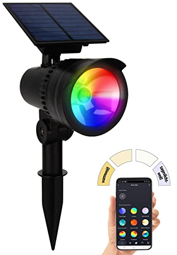 Lunartec Solarlampen Erdspiess: Smarter Solar-LED-Spot mit RGB-CCT, 50 lm, 1 W, Bluetooth, App, IP44 (Solarstrahler mit Erdspieß, LED Solar Gartenspot, Gartenleuchte Standleuchte) von Lunartec