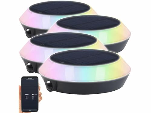 Lunartec LED Solar Leuchte außen: 4er-Set Solar-Outdoor-Leuchte, RGB-CCT-LEDs, PIR, Bluetooth, App, 90lm (Beleuchtung mit Bewegungsmelder, LED Gartensolarleuchten) von Lunartec