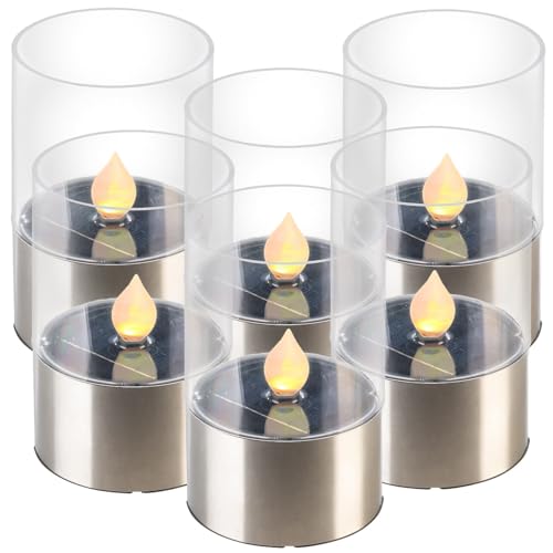 Lunartec LED Teelichter: 6er-Set Solar-LED-Windlichter Lucy mit nachgebildeter Kerzenflamme (Solar-Teelicht, Balkon Lichter, Tischleuchte Batterie) von Lunartec