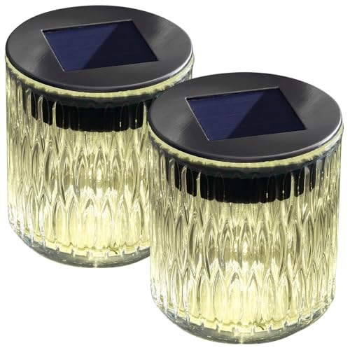 Lunartec Solar Tischlaternen: 2er-Set Solar-LED-Windlicht aus Echtglas mit tollem Lichtmuster, IP44 (Windlichter Outdoor, LED-Motiv-Leuchten, Tischleuchten) von Lunartec