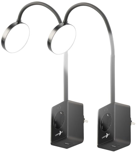 Lunartec Steckdosenlampen: 2er-Set Dimmbare CCT-LED-Steckerleuchten mit Steckdose, schwarz (Leselampe Schwanenhals, Schwanenhals-Steckdosenleuchte, Netzteil) von Lunartec