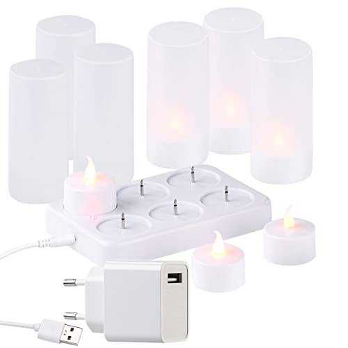 Lunartec Teelicht aufladbar: 6 Akku-LED-Teelichter, flackernde Flamme, Acrylgläser, Ladestation (wiederaufladbare LED Kerzen, aufladbare Kerzen, wiederaufladbar) von Lunartec