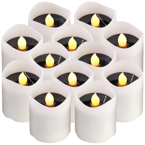 Lunartec LED-Teelichter Solar: 12er-Set Solar-LED-Kerzen, flackernde Flamme, 8 Std. Leuchtdauer, IP44 (Teelicht mit Lichtsensor, Deko, Tischleuchte Batterie) von Lunartec
