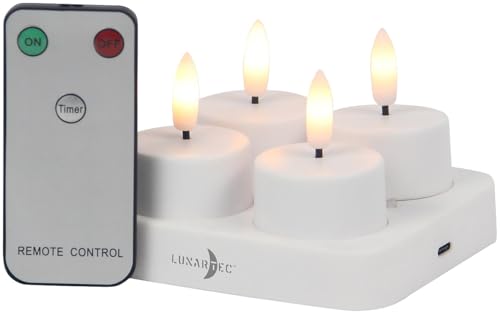 Lunartec Teelichtkerze: 4er-Set LED-Akku-Teelichter mit USB-Ladestation, Fernbedienung, Timer (LED Kerzen Timer, Kerze, Stimmungslicht) von Lunartec