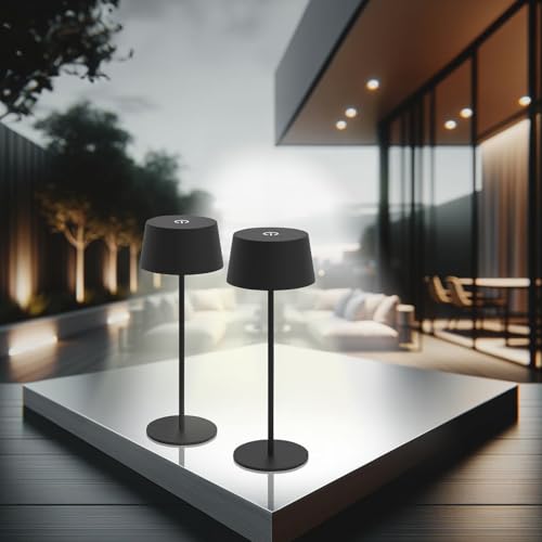 Lunartec Tischlampe Akku: 2er-Set LED-Akku-Tischleuchte, 150lm, 1200mAh, warmweiß, dimmbar, IP44 (Tischlampe Outdoor, kabellos Outdoor, Kabellose Stehlampe) von Lunartec