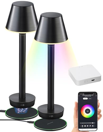 Lunartec Tischlampe Balkontisch: 2er-Set Smarte Outdoor-Tischlampe mit WLAN-Gateway, RGB-CCT-LEDs, App (dimmbare LED Akku-Tischleuchte, LED Schreibtischleuchten Akku) von Lunartec