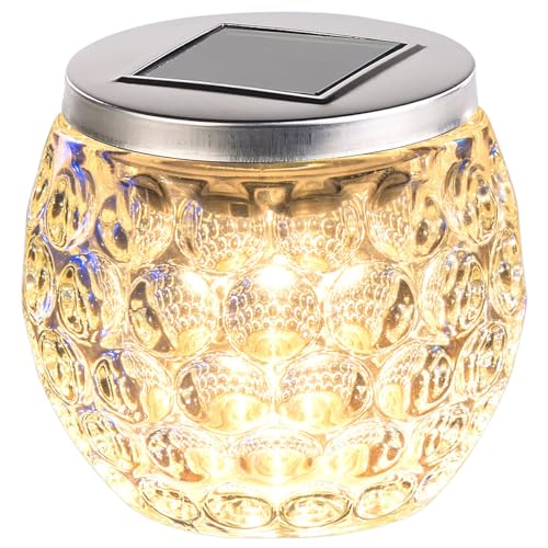 Lunartec Tischlicht LED: Solar-LED-Windlicht aus Glas, mit tollem Lichtmuster, IP44, Ø 10 cm (Solar Tischleuchte Glas, Tischlicht, Tischleuchten) von Lunartec