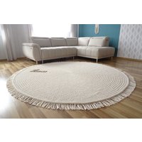 Runder Teppich Mit Quaste, Boho Kinderteppich, Großer Runder Teppich, Elfenbeinfarbener Boho, Baumwollteppich, Riesiger Häkelteppich, Beige Boho von Lunarug