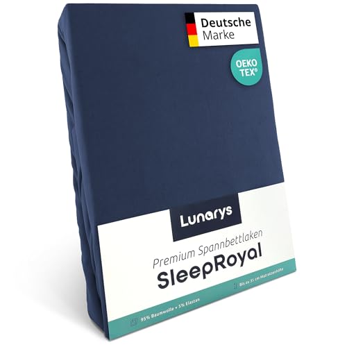 Lunarys® SleepRoyal Luxus Spannbettlaken 100x200cm - Dunkelblau - 250 g/m² Premium Bettlaken - 40 cm Steghöhe - für hohe Matratzen, Boxspringbett & Matratze + Topper & Wasserbett - Stretch Jersey von Lunarys