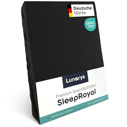 Lunarys® SleepRoyal Luxus Spannbettlaken 100x200cm - Schwarz - 250 g/m² Premium Bettlaken - 40 cm Steghöhe - für hohe Matratzen, Boxspringbett & Matratze + Topper & Wasserbett - Stretch Jersey von Lunarys