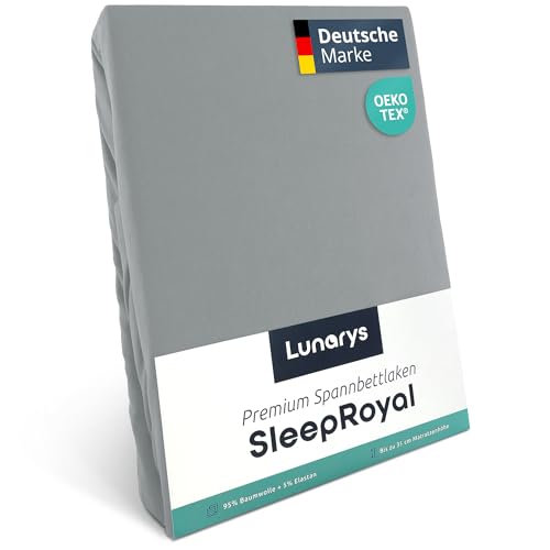 Lunarys® SleepRoyal Luxus Spannbettlaken 100x200cm - Silbergrau - 250 g/m² Premium Bettlaken - 40 cm Steghöhe - für hohe Matratzen, Boxspringbett & Matratze + Topper & Wasserbett - Stretch Jersey von Lunarys