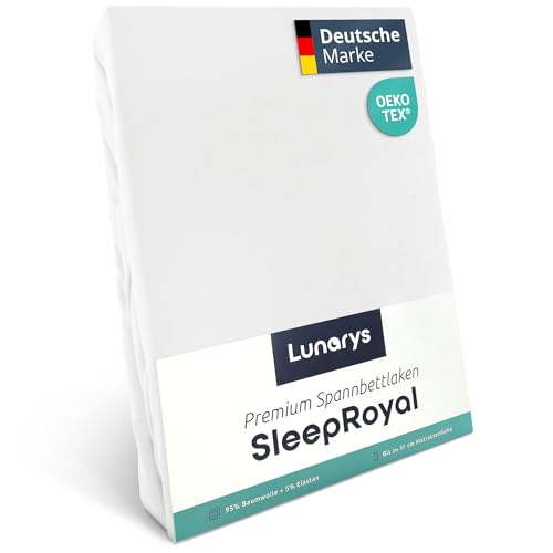 Lunarys® SleepRoyal Luxus Spannbettlaken 140x200cm - Weiß - 250 g/m² Premium Bettlaken - 40 cm Steghöhe - für hohe Matratzen, Boxspringbett & Matratze + Topper & Wasserbett - Stretch Jersey von Lunarys