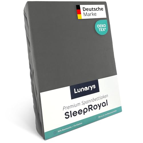 Lunarys® SleepRoyal Luxus Spannbettlaken 140x200cm - Grau - 250 g/m² Premium Bettlaken - 40 cm Steghöhe - für hohe Matratzen, Boxspringbett & Matratze + Topper & Wasserbett - Stretch Jersey von Lunarys