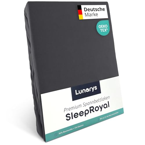 Lunarys® SleepRoyal Luxus Spannbettlaken 140x200cm - Anthrazit - 250 g/m² Premium Bettlaken - 40 cm Steghöhe - für hohe Matratzen, Boxspringbett & Matratze + Topper & Wasserbett - Stretch Jersey von Lunarys