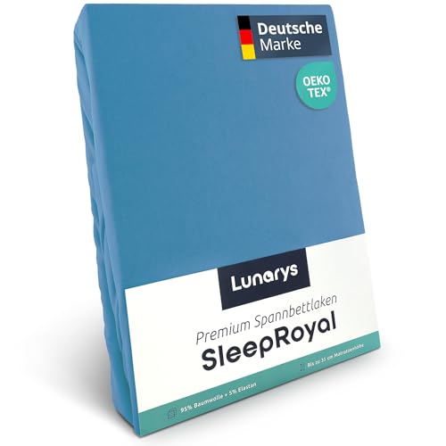 Lunarys® SleepRoyal Luxus Spannbettlaken 140x200cm - Hellblau - 250 g/m² Premium Bettlaken - 40 cm Steghöhe - für hohe Matratzen, Boxspringbett & Matratze + Topper & Wasserbett - Stretch Jersey von Lunarys