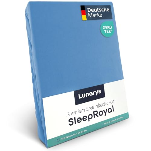 Lunarys® SleepRoyal Luxus Spannbettlaken 140x200cm - Hellblau - 250 g/m² Premium Bettlaken - 40 cm Steghöhe - für hohe Matratzen, Boxspringbett & Matratze + Topper & Wasserbett - Stretch Jersey von Lunarys